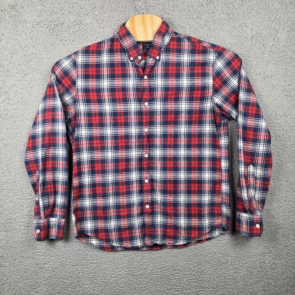 J Crew Shirt Mens Large Red Blue Plaid‎ Flannel Button Down Homespun Long Sleeve